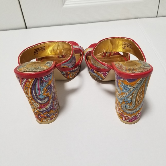 Zinc, Platform Sandals 6 1/2 Parsley Prnt, Chunky Heels, Red Trim - Picture 4 of 8